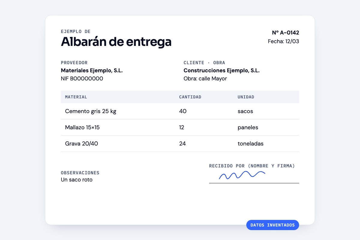 Ejemplo de albarán de entrega de materiales con proveedor, cliente, obra, cantidades y firma de recepción